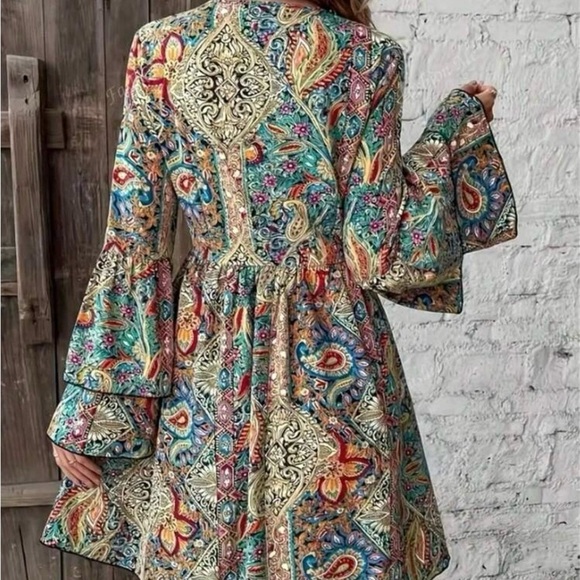 SHEIN Blue and Orange Tiered Ruffled Long Sleeve Dress - Picture 2 of 8